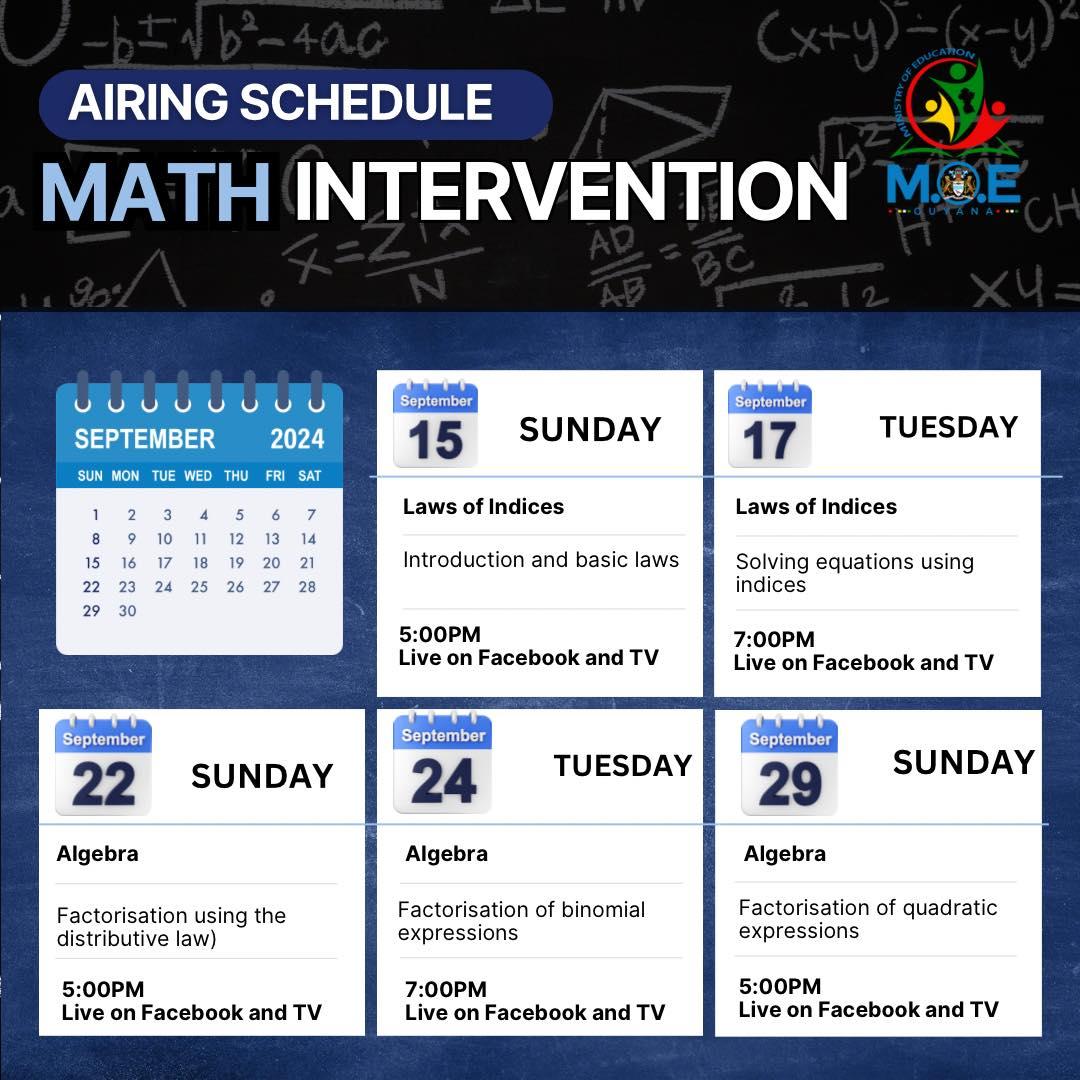 The ministry’s September schedule for the Math Intervention programme.