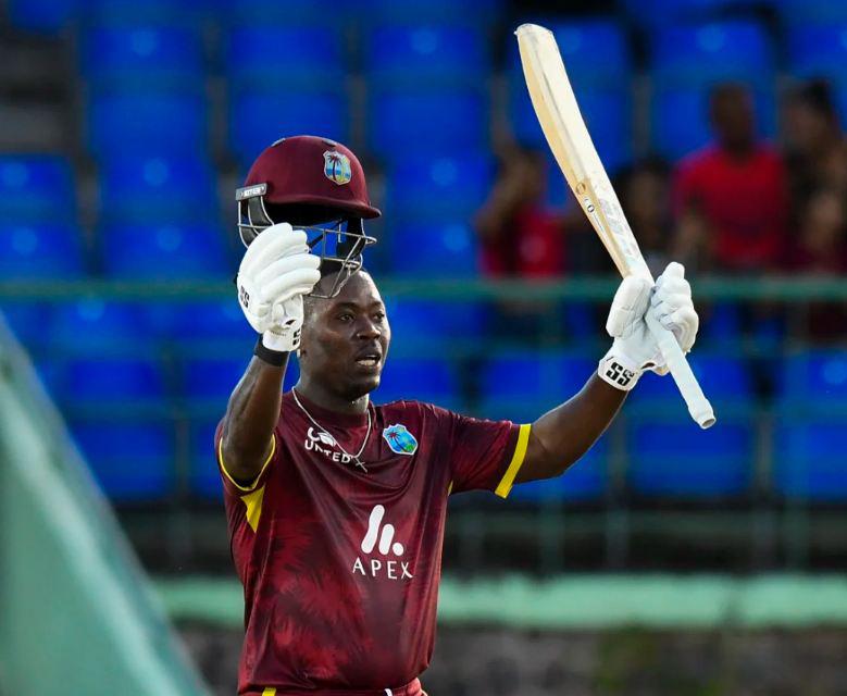 Sherfane Rutherford celebrates his maiden hundred (Athelstan Bellamy)